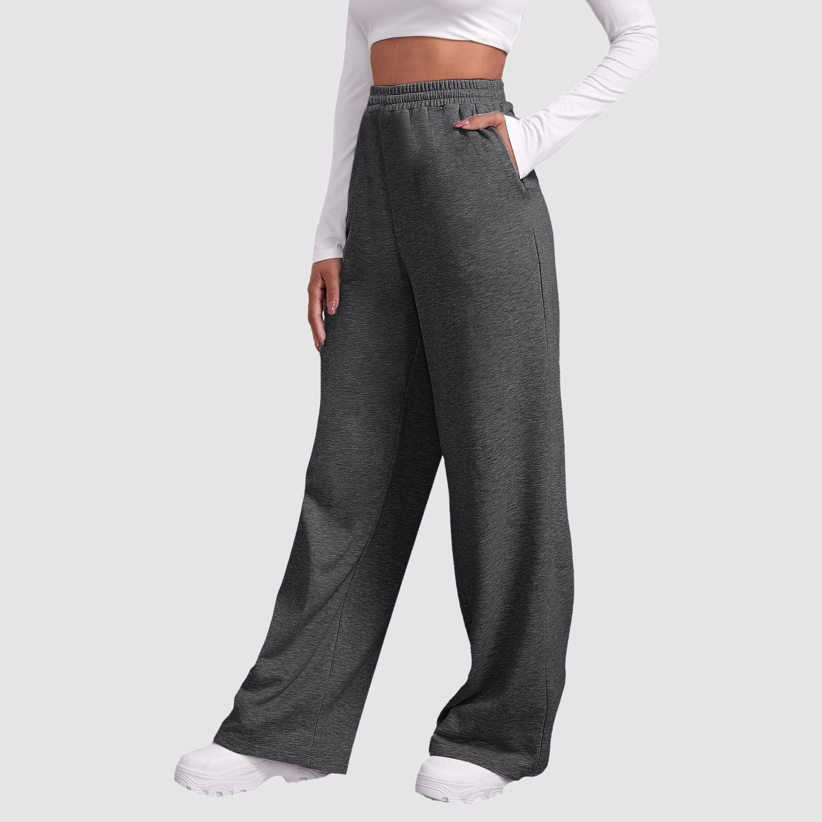 thumbnail image 3 of Pantalones de chándal con forro polar para mujer: cintura alta, pierna ancha y bolsillos; poliéster ligero para primavera/otoño; diseño con lazo delantero; informal/trabajo/yoga; tallas S-XXL., 3 of 7